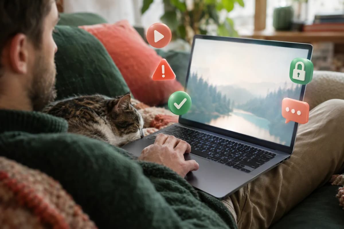 Kanepede dizinde dizüstüyle uzanan adam ve yanındaki kedi; elde ekran ışığı, 3D ikonlar