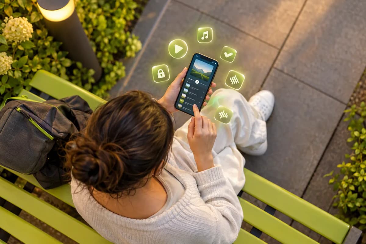 Dış mekân bankında oturan öğrenci, telefonda müzik listesi ve yüzen ikonlara bakıyor