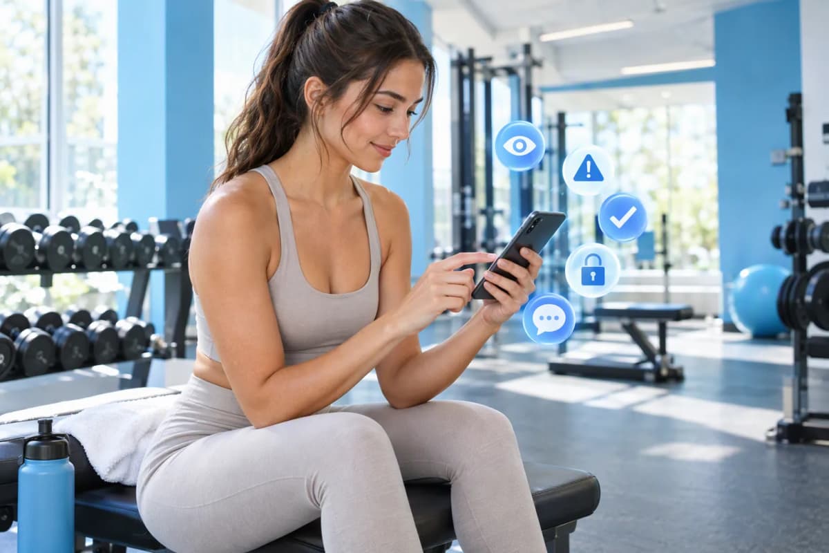 Modern spor salonunda bankta oturan kadın, telefona bakarken yanında 3D ikonlar süzülüyor