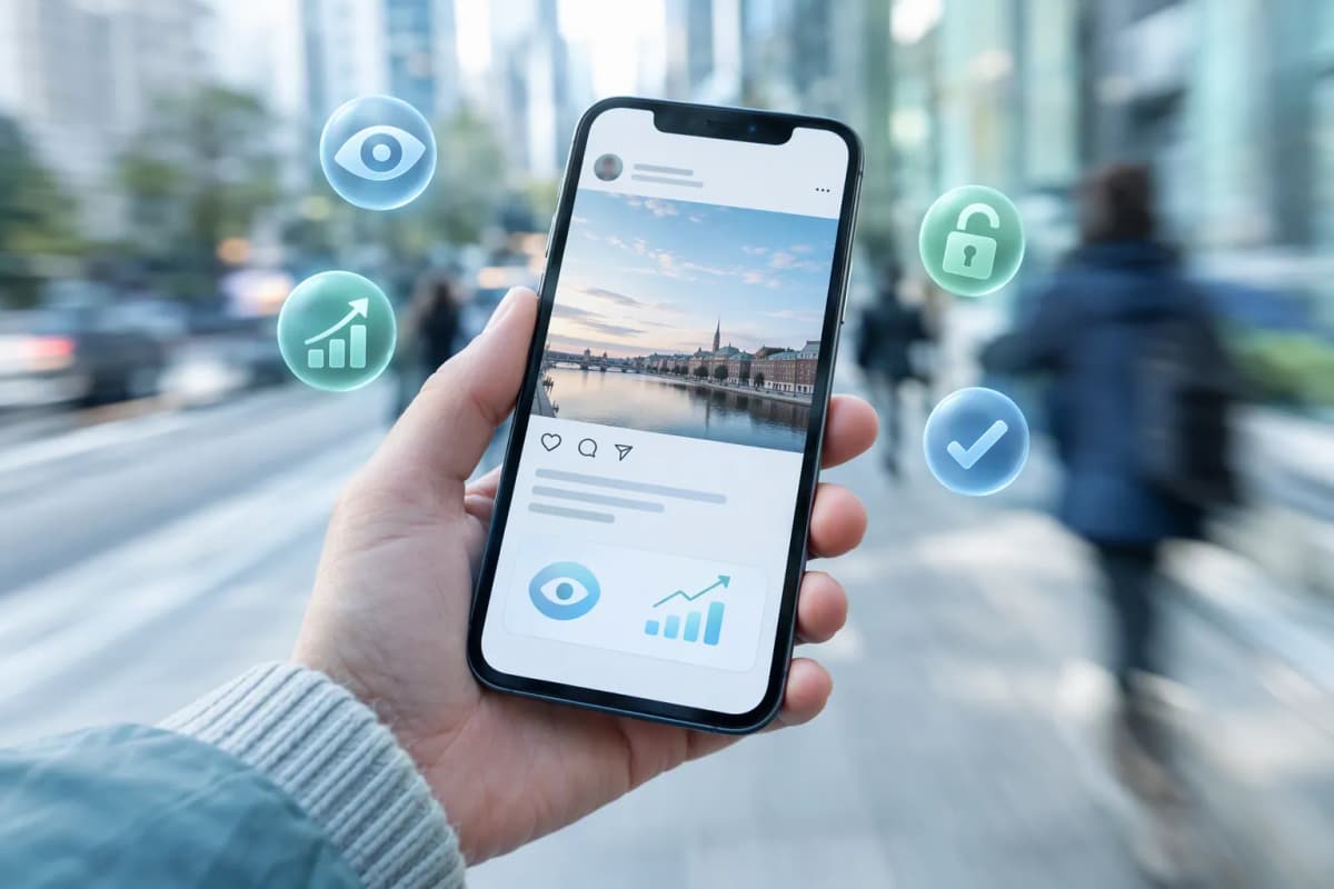 Şehir sokakta yürürken akıllı telefon tutan el, bulanık arka plan ve 3D ikonlar