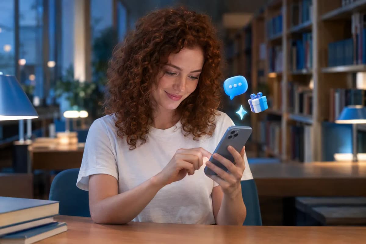 Kütüphane masasında telefonunda ücretsiz denemeyi keşfeden genç kadın; çevresinde 3D simgeler