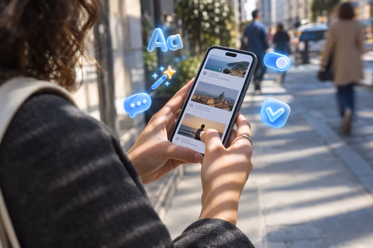 Şehir caddesinde akıllı telefonla yürüyen kişi, güneş çizgileri ve 3D simgeler
