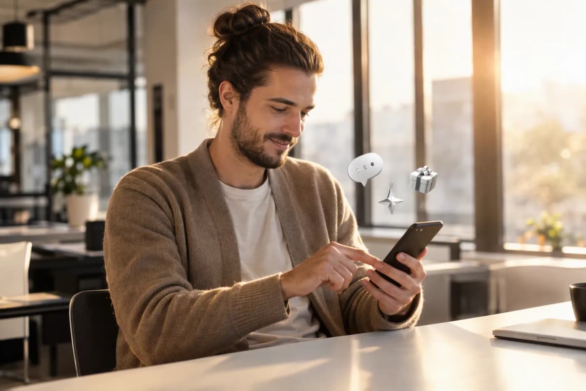 Ortak çalışma alanında telefonunda ücretsiz denemeyi keşfeden genç adam; çevresinde 3D simgeler