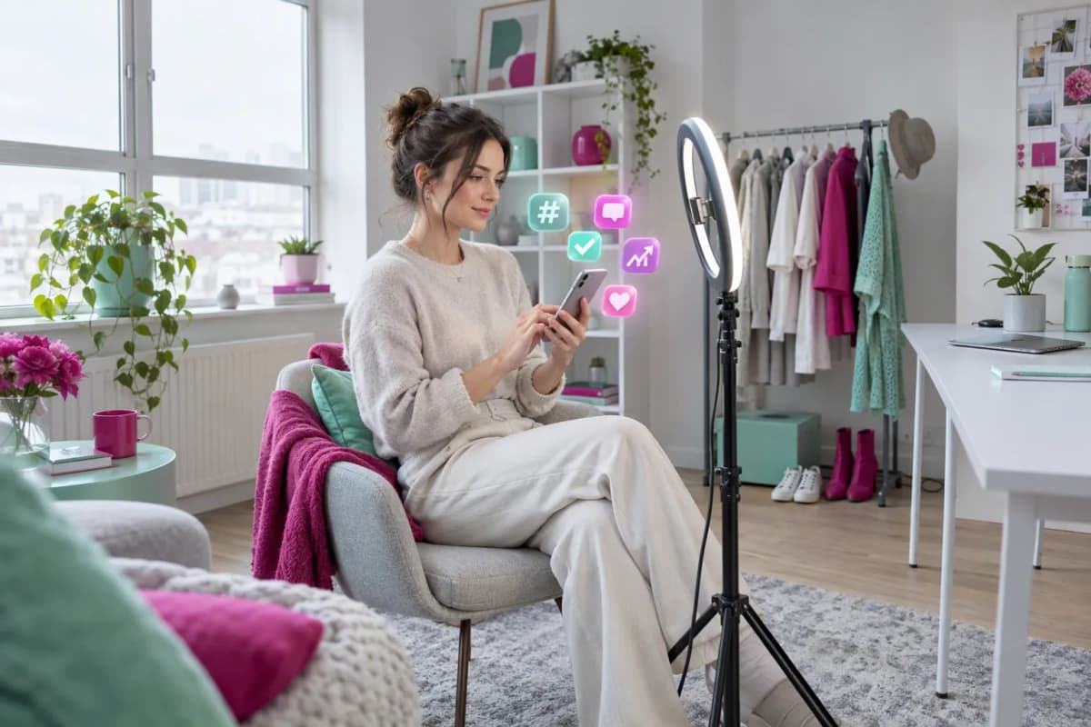 Ev stüdyosunda ring light yanında oturan kadın, telefonda video altyazısı taslağı yazıyor