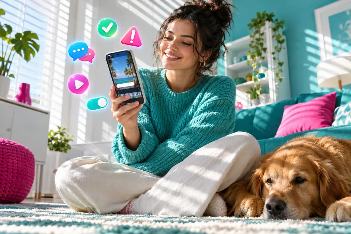 Oturma odasında halıda telefon tutan kişi ve yanında köpek, güneş şeritleri ve 3D ikonlar