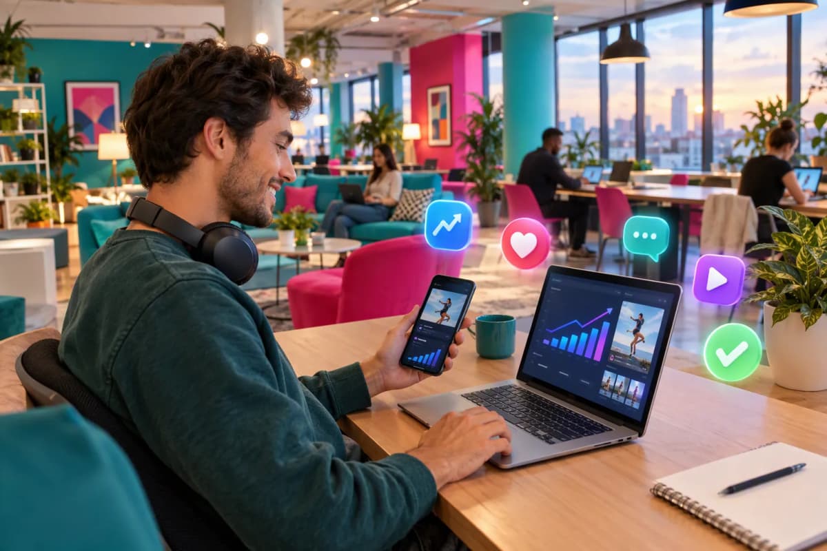 Modern ortak çalışma alanında laptoplu adam, renkli dekor ve yüzen 3D ikonlarla
