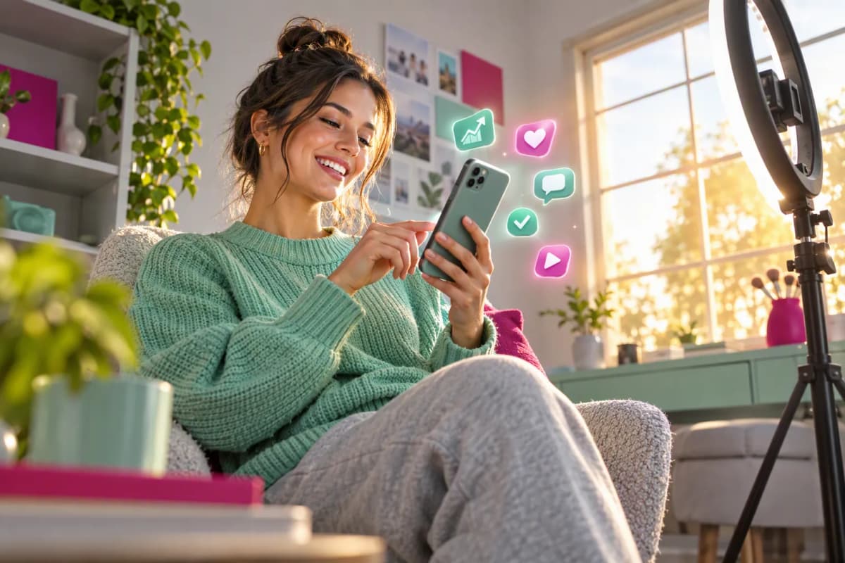 Küçük ev stüdyosunda ring light yanında oturan kadın, telefona bakıp gülümsüyor