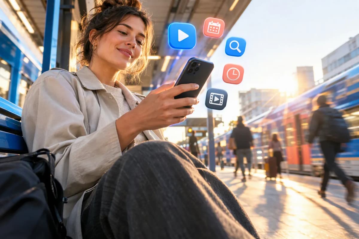 Tren peronunda akıllı telefon tutan kişi, arka planda bulanık yolcular ve trenler