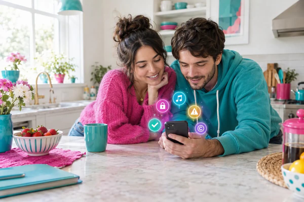 Mutfak tezgahında telefona bakan çift, pastel dekor ve ışıklı müzik simgeleriyle