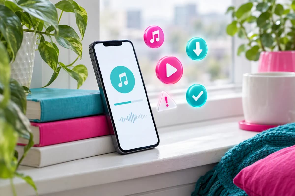 Pencere kenarında kitaplar ve bitkiler yanında, ses indirme ekranlı telefon ve 3D ikonlar