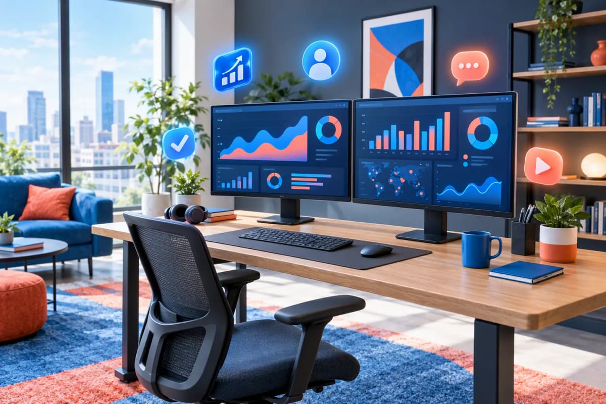 İki büyük monitörlü modern, düzenli çalışma masası; mavi-koral vurgular ve 3D ikonlar