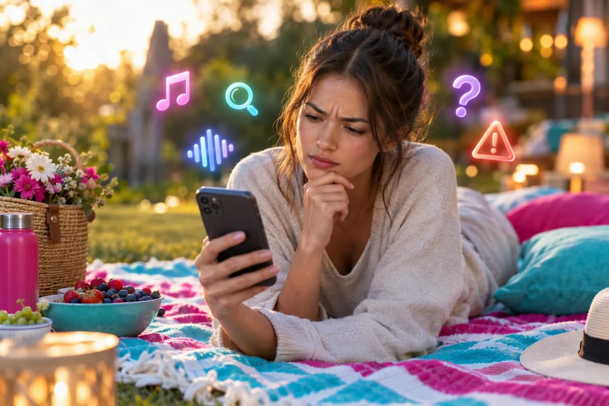 Piknik örtüsünde yatan kişi, ses arama ekranlı telefonu tutup şaşkın bakıyor