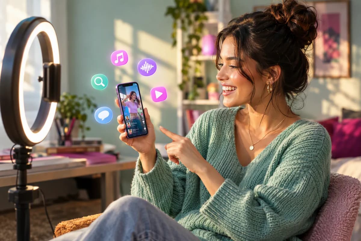 Ev stüdyosunda oturan kadın, ring light yanında telefona bakar; 3D ikonlar süzülür