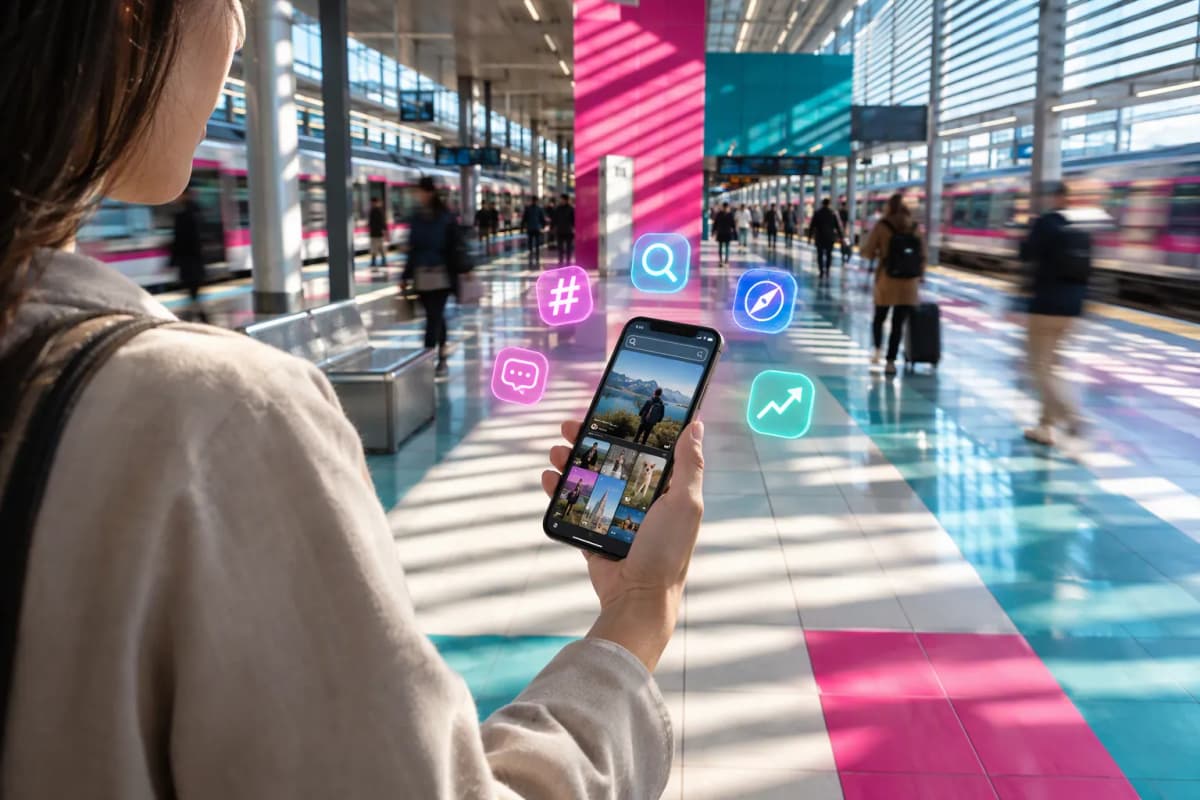 Modern tren istasyonu peronunda telefon tutan kişi, güneş bantları ve bulanık kalabalıkla