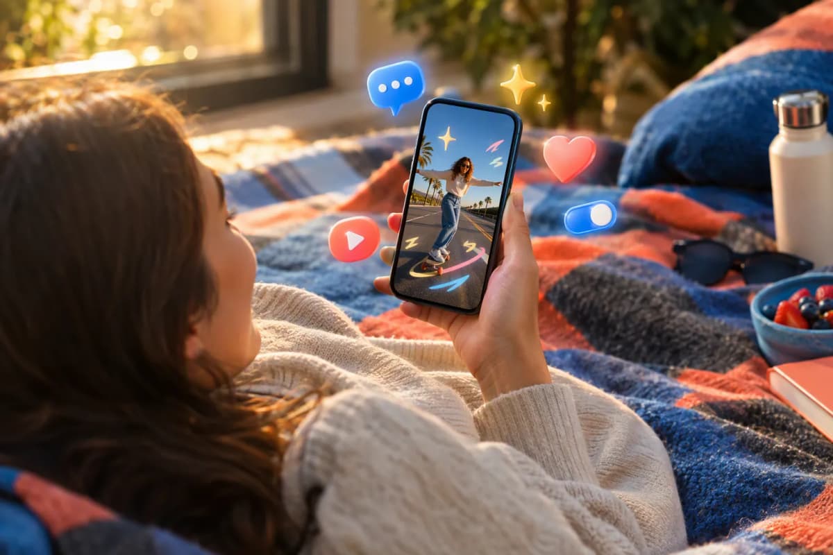 Piknik örtüsünde uzanan kişi, 3D simgeler eşliğinde telefon ekranına bakıyor