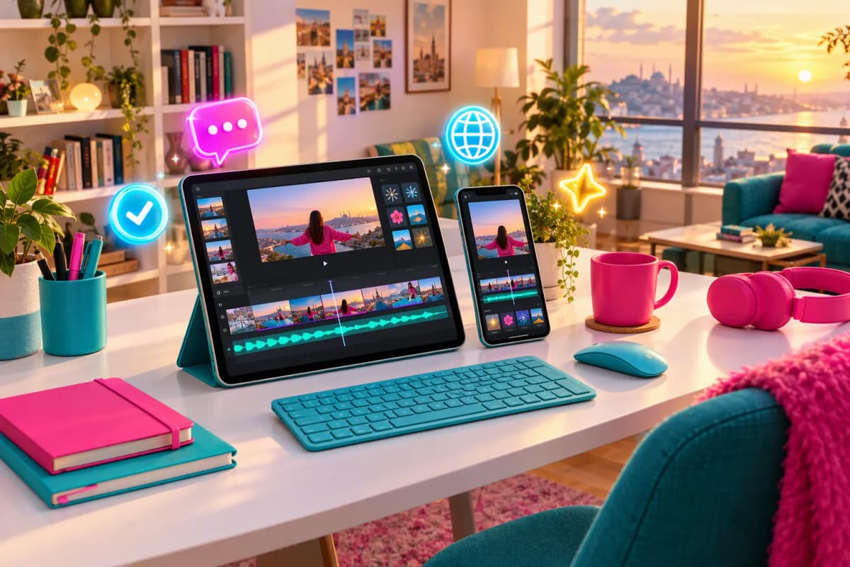 Altın saat ışığında beyaz masada tablet ve telefon, turkuaz ve pembe aksesuarlarla