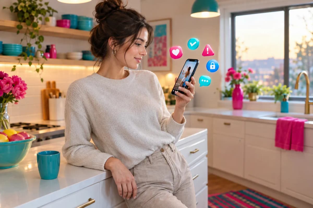 Beyaz mutfakta tezgaha yaslanan kadın, telefona bakarken yakınında 3D ikonlar parlıyor