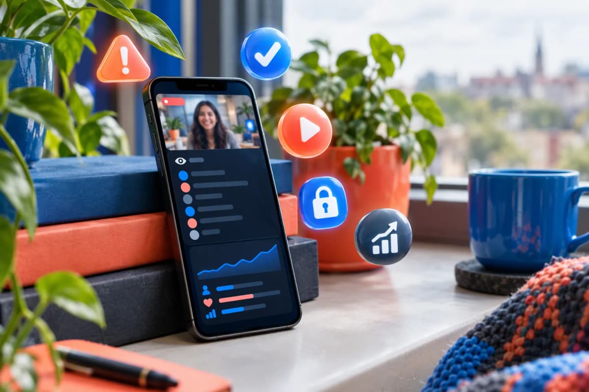 Pencere kenarında kitaplara yaslı telefon, bitkiler ve yüzen 3D ikonlarla yakın plan