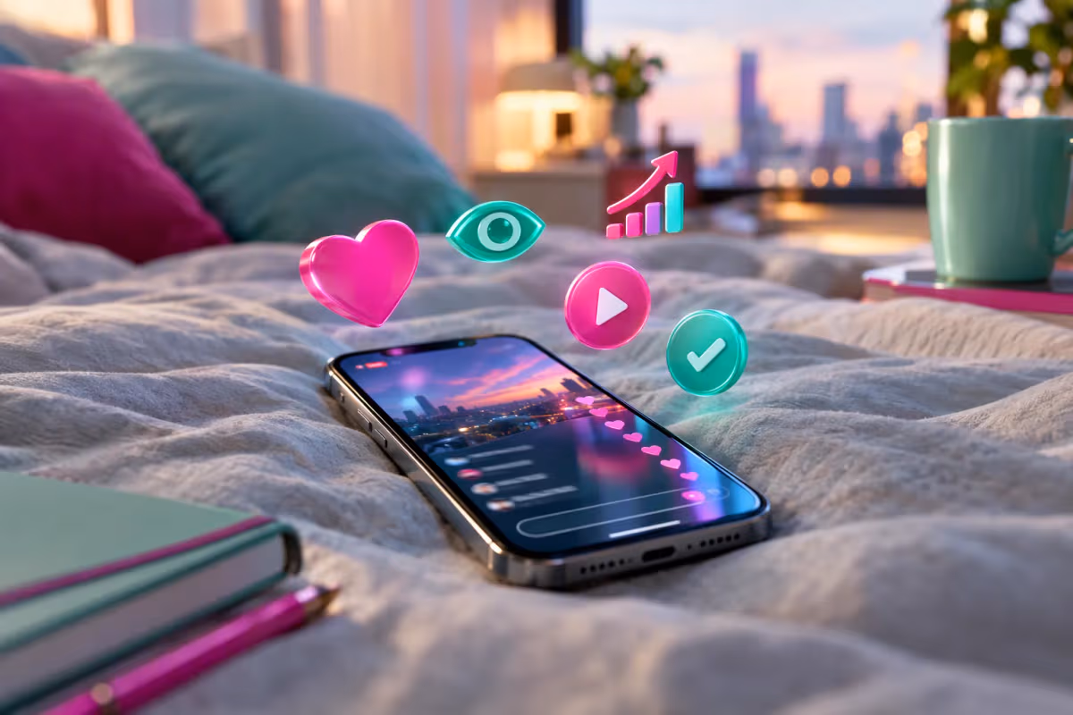 Kırışık açık gri yatak örtüsünde canlı yayın arayüzlü akıllı telefon, 3D ikonlar üstünde