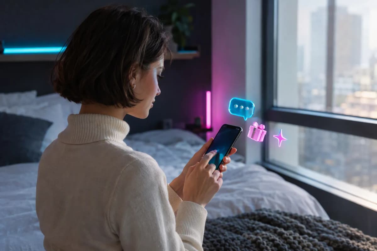 Pencere kenarındaki yatak odasında telefonunda ücretsiz denemeyi keşfeden genç kadın; çevresinde 3D simgeler
