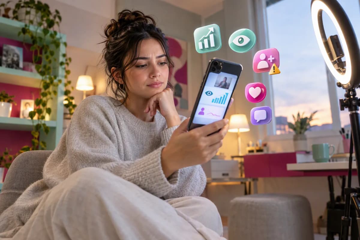Küçük ev stüdyosunda ring light yanında oturan kadın, telefonda yüksek izlenme düşük takipçi artışı izliyor