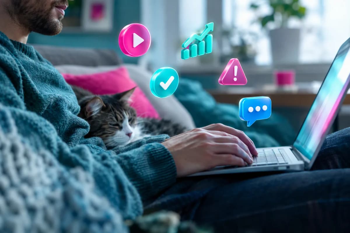 Kanepede dizinde laptopla dinlenen adamın elleri, yanındaki kedi ve 3D ikonlar