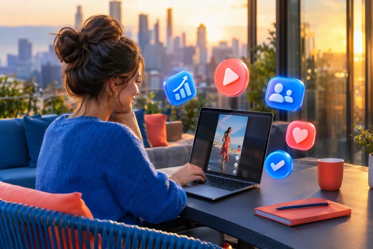 Çatı terasında laptop kullanan kadın, gün batımı ışığında şehir manzarası ve 3D ikonlar