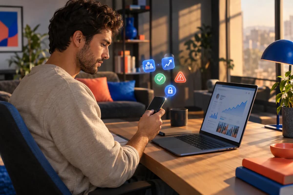 Modern odada masada oturan genç adam, telefonuna bakarken yanında açık laptop ve 3D ikonlar var