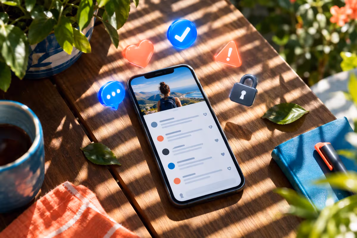 Ahşap bahçe masasında yapraklar arasında telefon, jaluzi gölgeli ışıkta 3D ikonlar