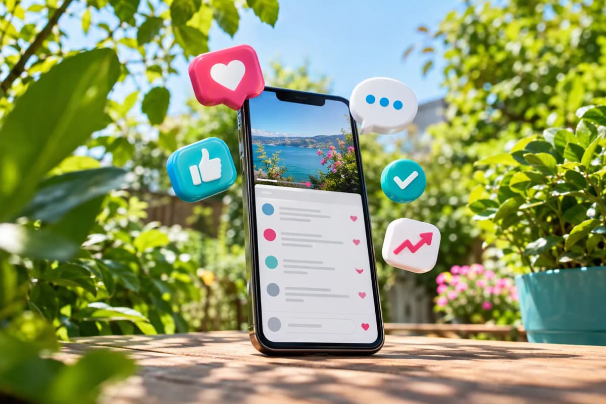 Ahşap bahçe masasında dik duran akıllı telefon, yapraklar ve 3D ikonlarla çevrili