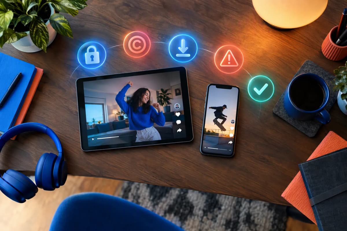 Düzenli modern çalışma masasında tablet ve telefonda kısa video ekranları, üstte 3D ikonlar