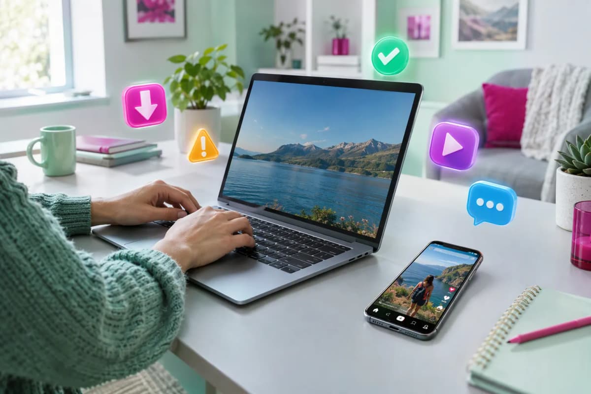 Mint ve soluk gri odada, laptopta yazan eller ve yanında video akışlı telefon, 3D ikonlar