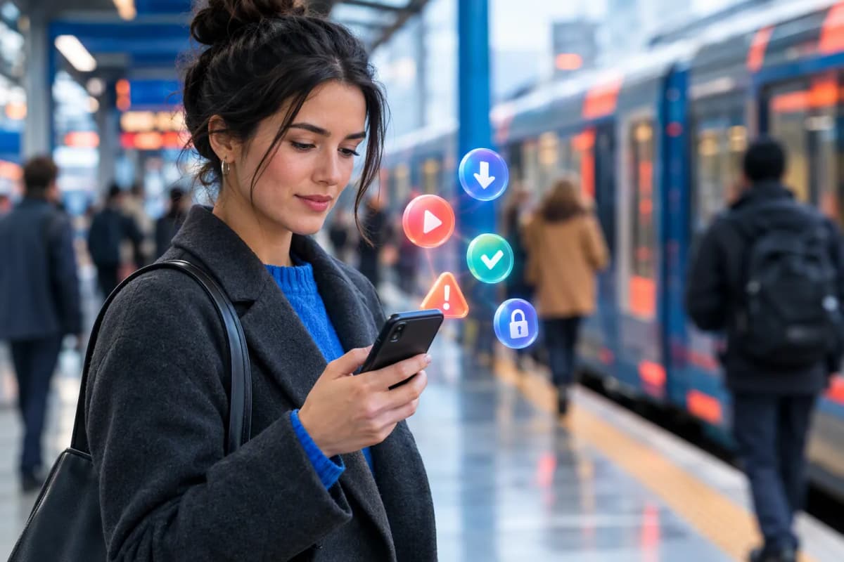 Tren istasyonu peronunda telefona bakan kişi, arkada bulanık yolcular ve trenler