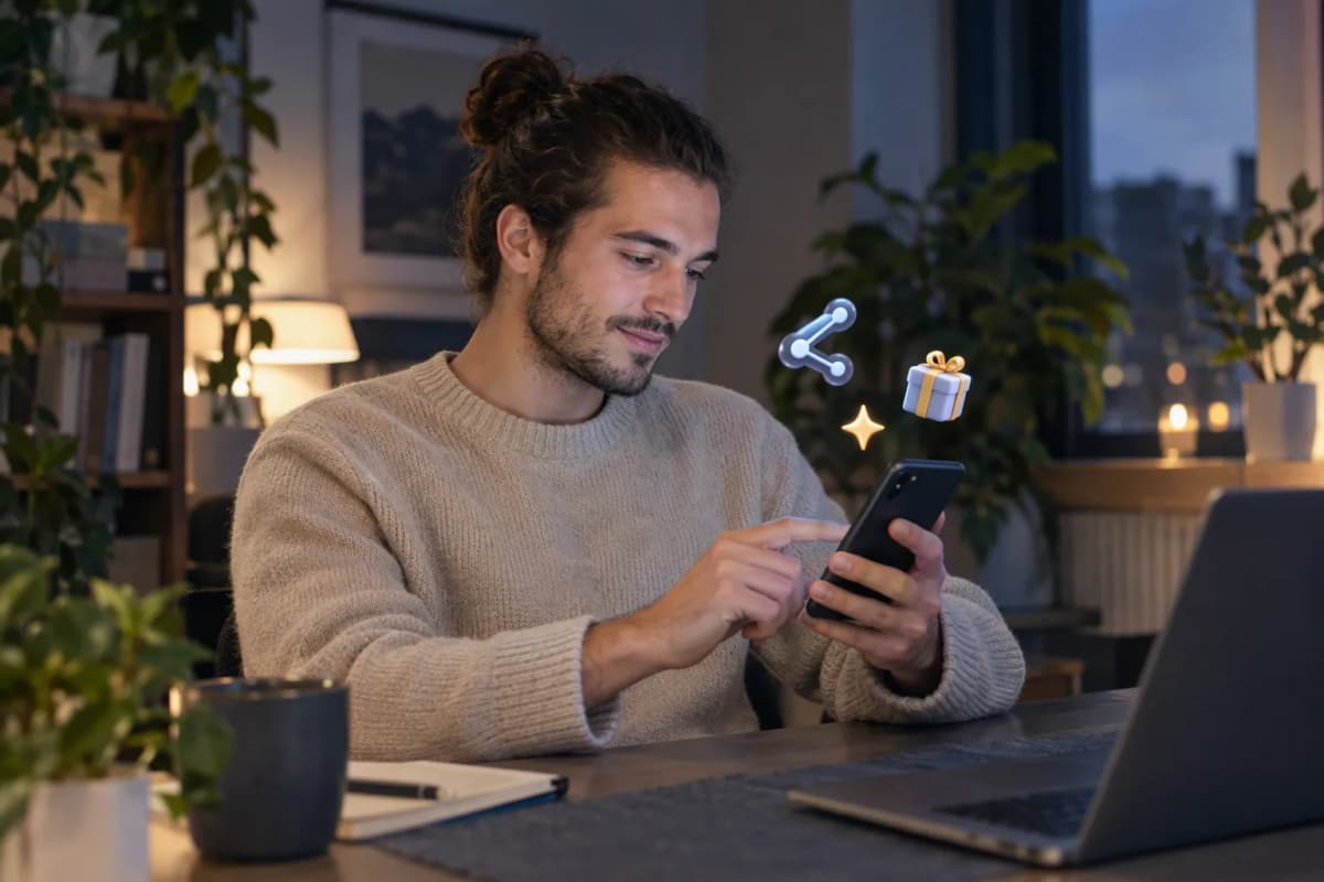 Bitkili ev çalışma masasında telefonunda ücretsiz denemeyi keşfeden genç adam; çevresinde 3D simgeler