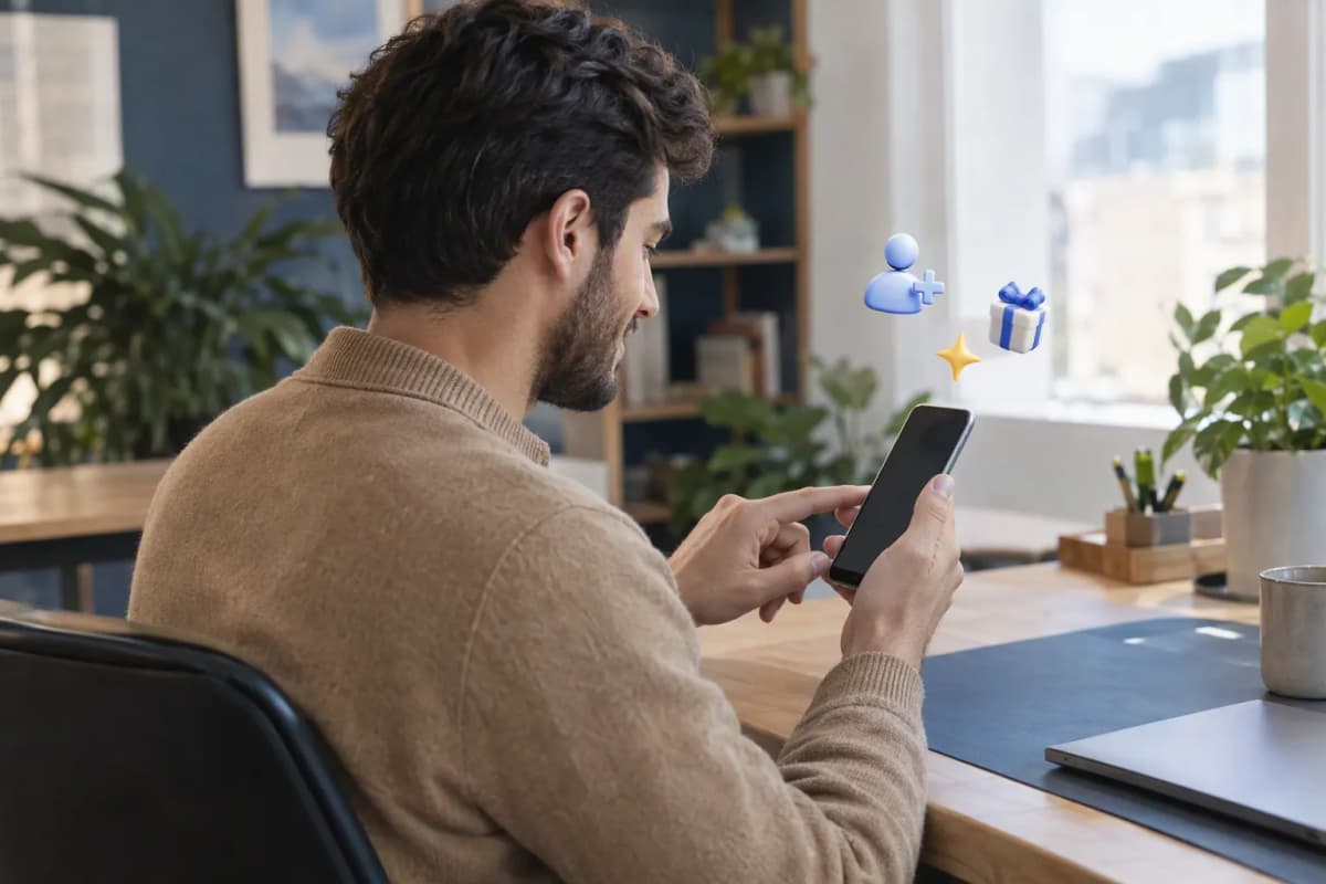 Bitkili ev çalışma masasında telefonunda ücretsiz denemeyi keşfeden genç adam; çevresinde 3D simgeler