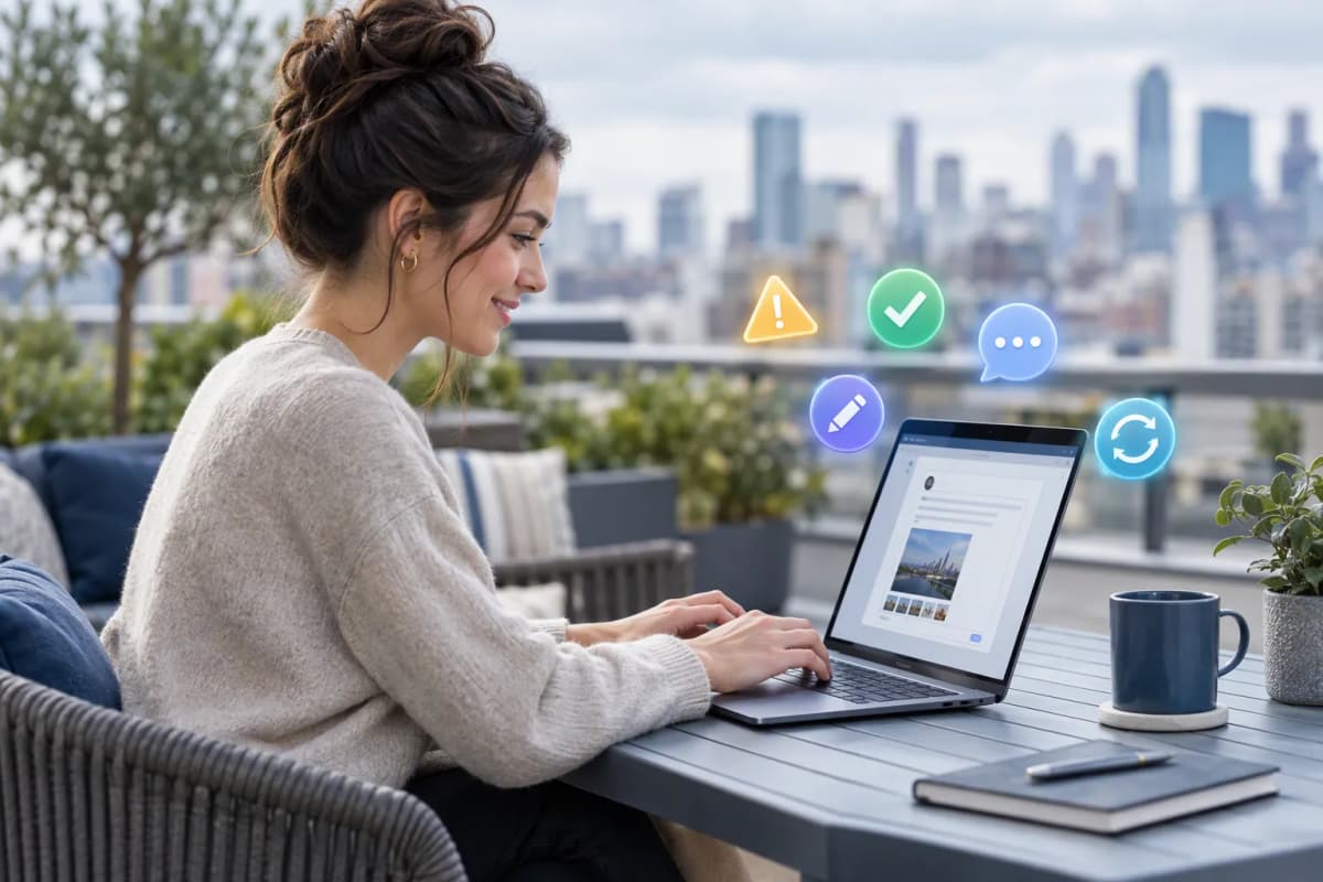 Çatı terasında laptop kullanan kadın, yanında uyarı ve onay ikonları süzülüyor, şehir flu