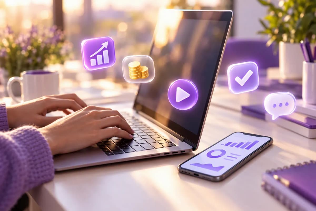 Pencereden süzülen ışıkta dizüstü klavyede yazan eller, yanında ikonlu telefon ekranı