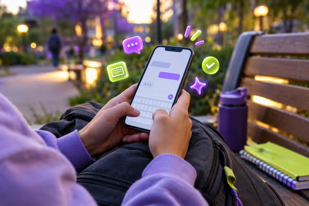 Kampüs bankında sırt çantası üzerinde telefon tutan öğrencinin elleri, yakın plan