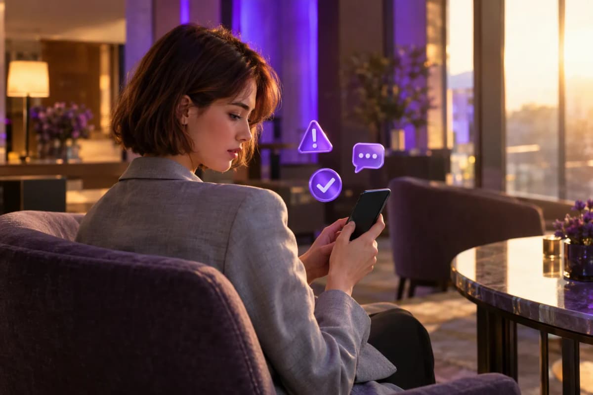 Otel lobisindeki koltukta bağlantısını göndermeden önce dikkatle kontrol eden genç kadın; uyarı ve onay simgeleri