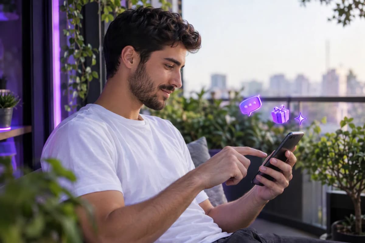 Bitkili balkonda telefonunda ücretsiz denemeyi keşfeden genç adam; çevresinde 3D simgeler