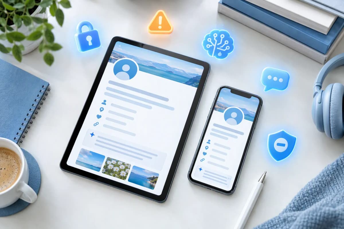 Gök mavi-beyaz-gri çalışma masasında tablet ve telefon, üstten çekimde 3D simgeler hover