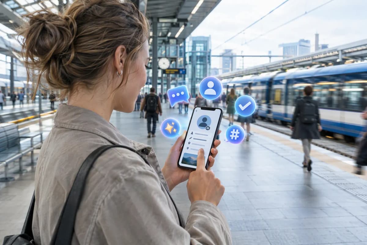 Modern tren istasyonunda telefona bakan kişi; arkada bulanık yolcular, trenler ve 3D ikonlar