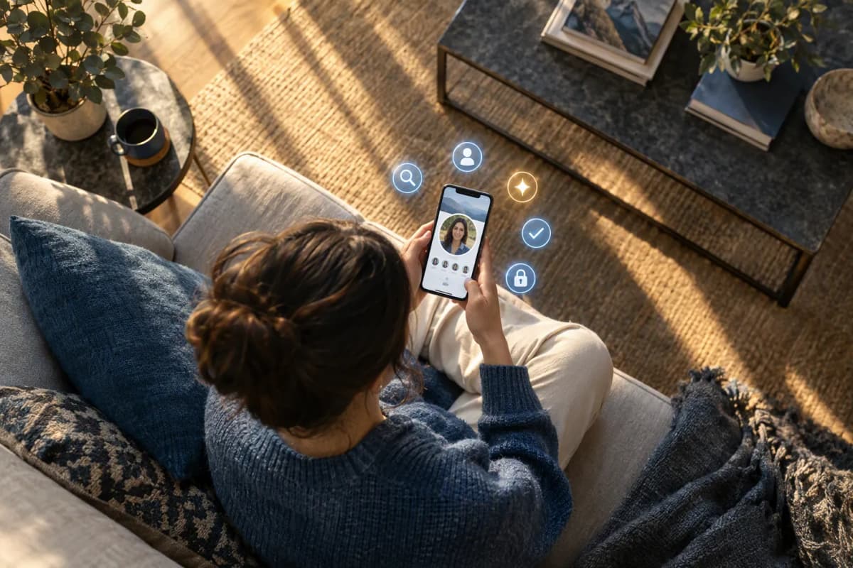 Aydınlık salonda kanepede oturan kadın, profil büyütmeli telefon ekranına bakıyor