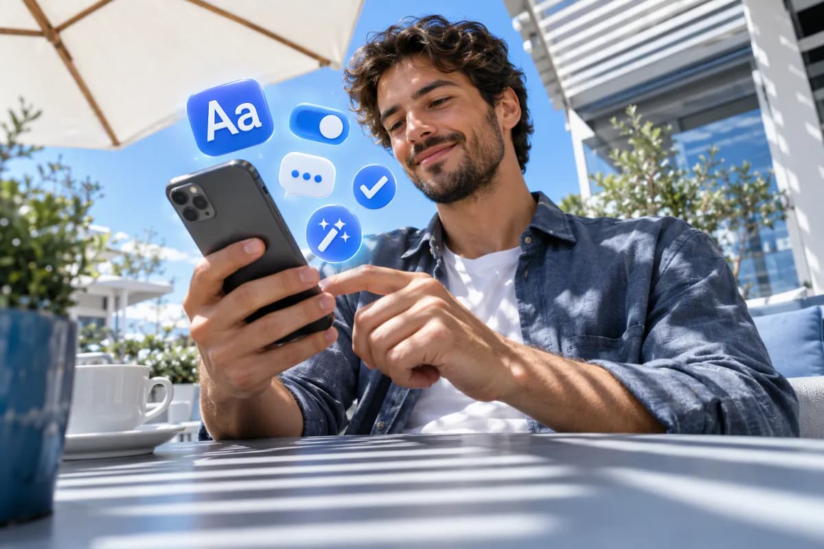 Açık hava kafede telefonuna bakan adam; ekranda stil simgeleri süzülür, güneş şeritleri masaya düşer