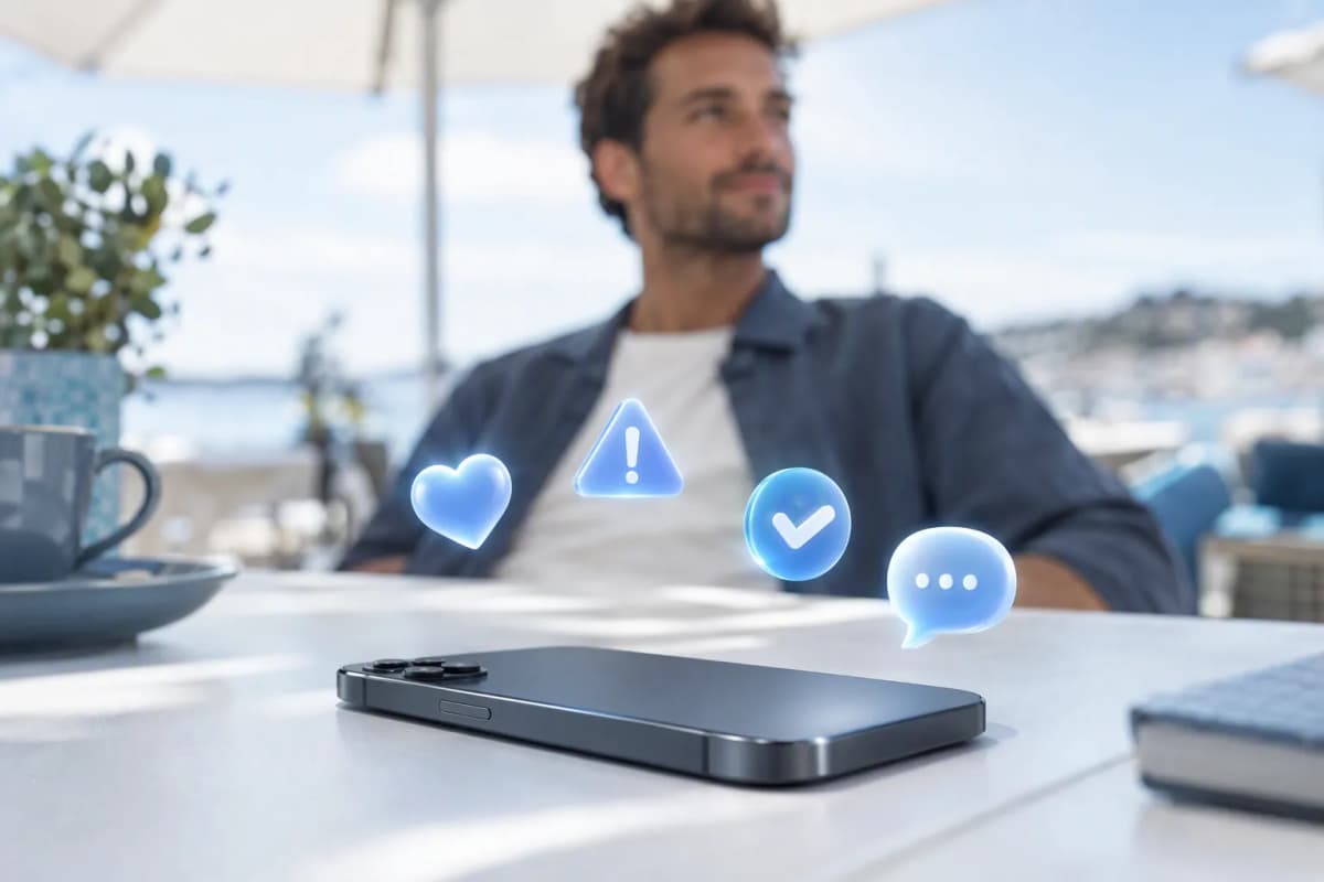 Parasol altı kafe masasındaki gri telefonun yanında bulanık adam ve yüzen ikonlar
