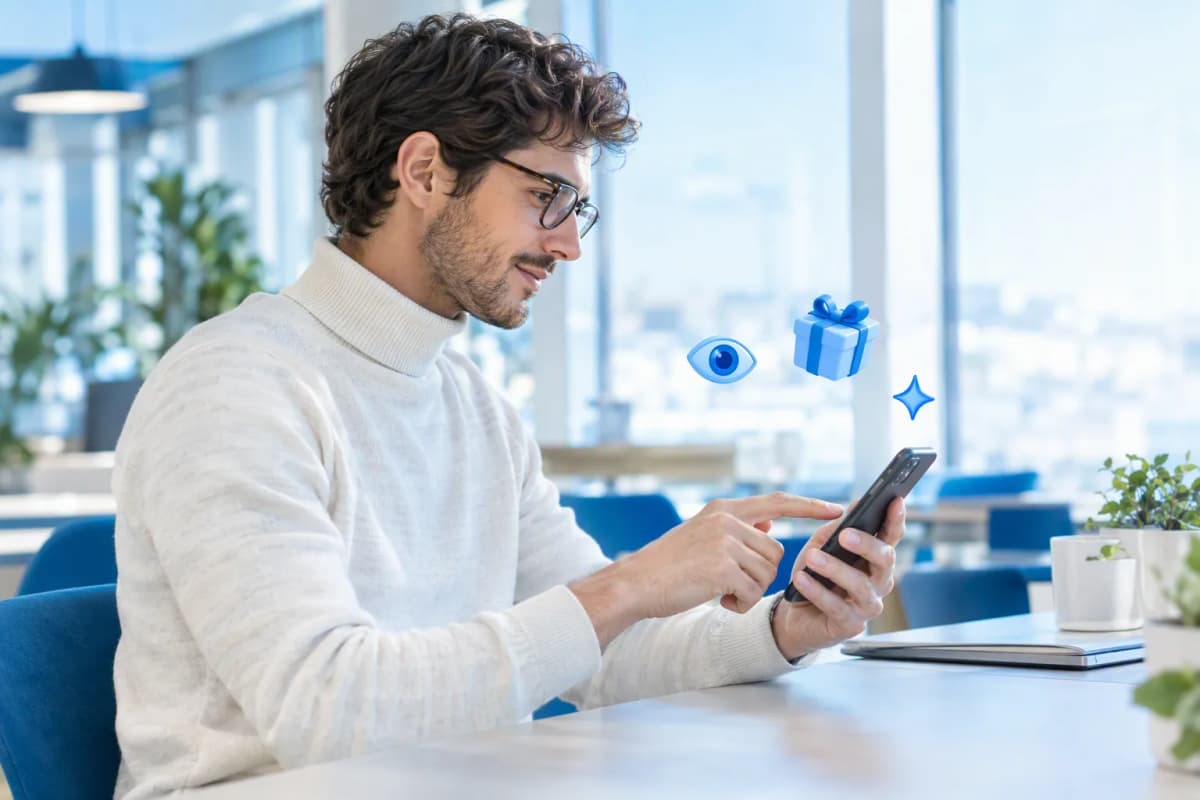 Ortak çalışma alanında telefonunda ücretsiz denemeyi keşfeden genç adam; çevresinde 3D simgeler