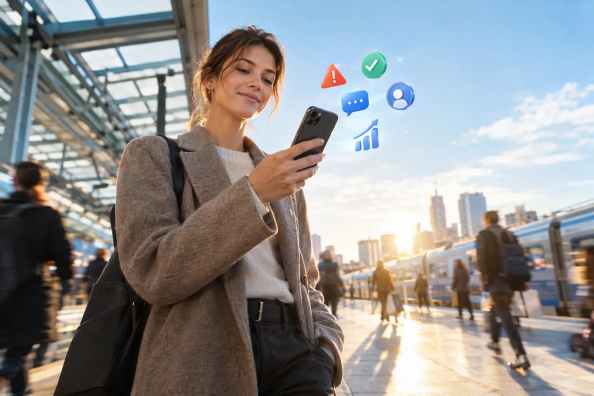 Tren istasyonunda telefon tutan kişi; arka planda bulanık yolcular, 3D ikonlar