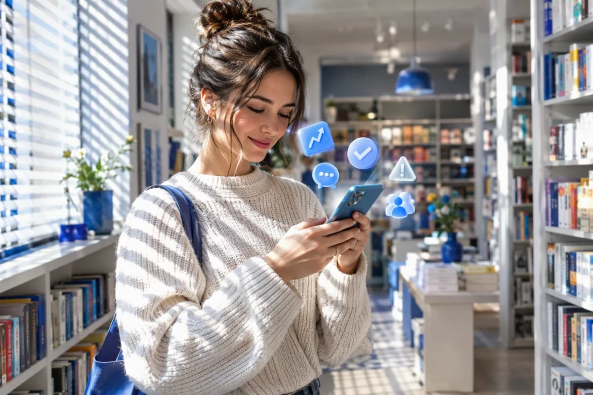 Kitapçı koridorunda telefonuna bakan kadın, panjurlu güneş ışığı ve yumuşak arka plan