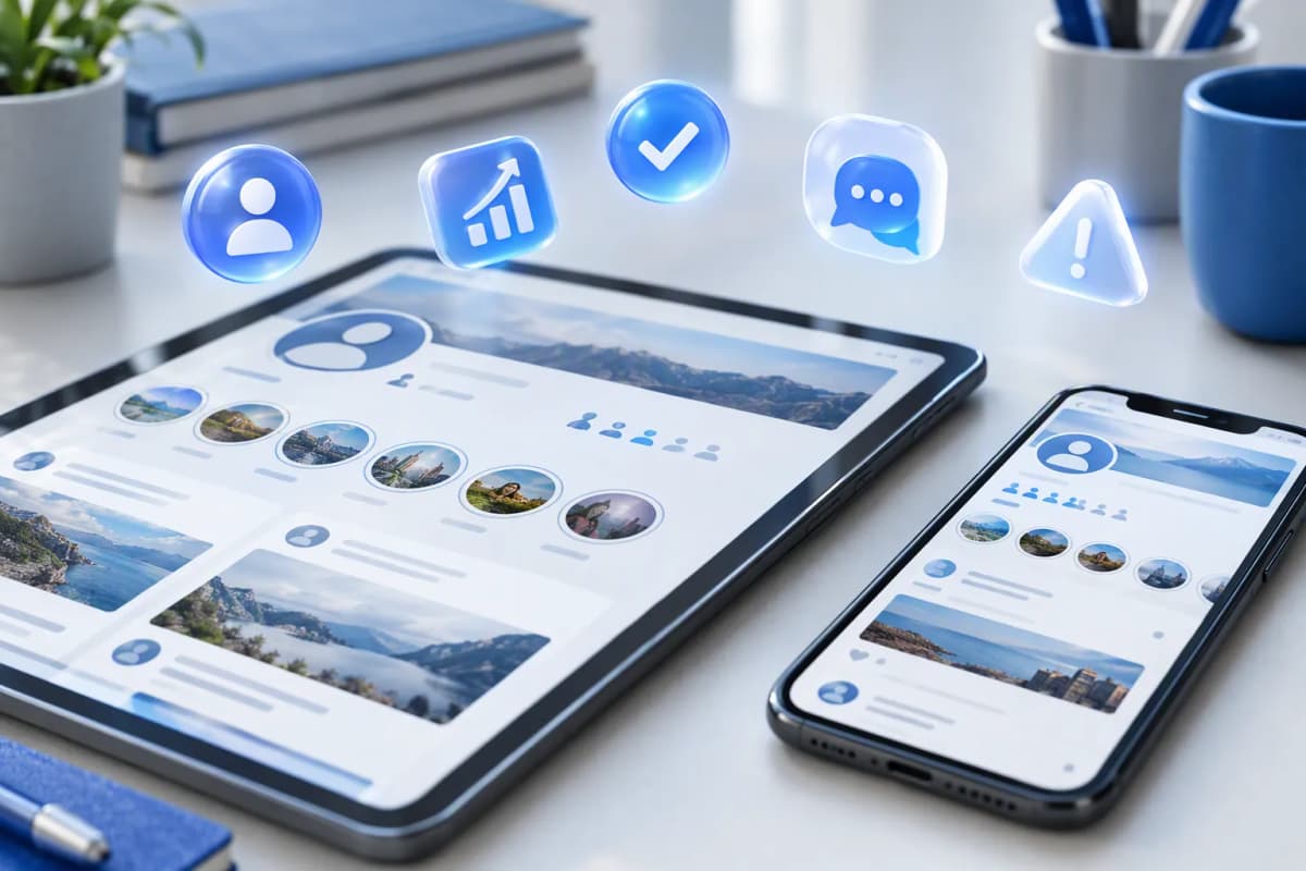 Kobalt-gri tonlarda modern masada tablet ve telefon, üzerinde yüzen 3D ikonlar