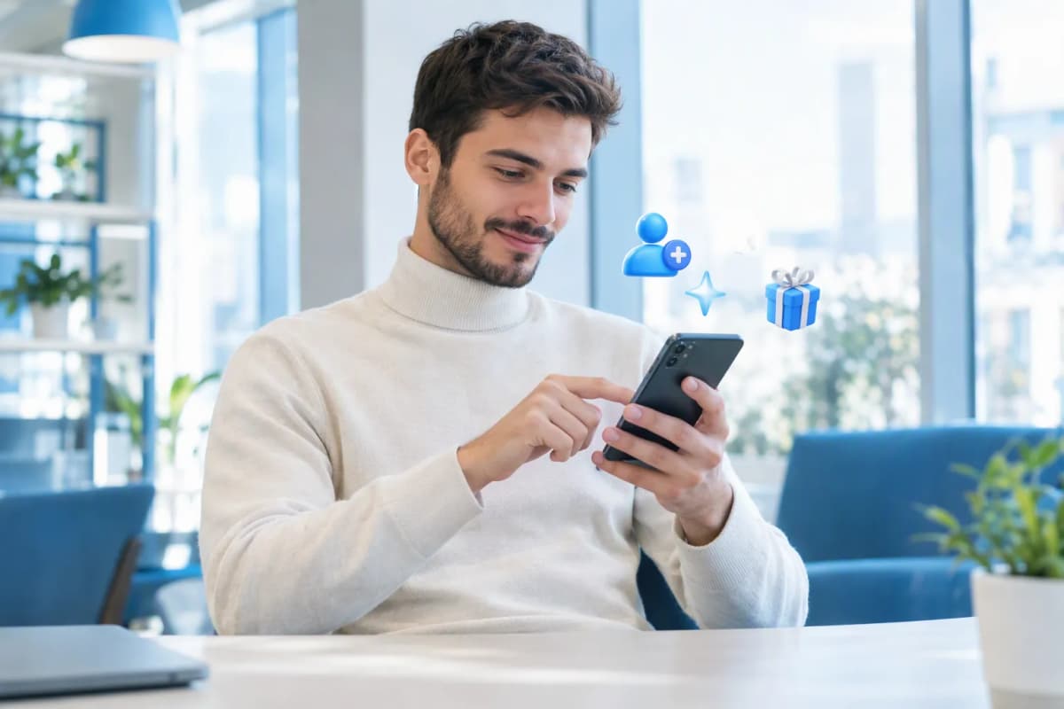 Ortak çalışma alanında telefonunda ücretsiz denemeyi keşfeden genç adam; çevresinde 3D simgeler